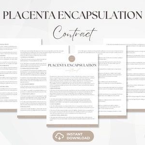 Puede incluir: Un contrato imprimible para servicios de encapsulación de placenta. El contrato incluye secciones para la información del cliente, la información del proveedor de servicios y los detalles de pago. El contrato se titula "Contrato de encapsulación de placenta" y se realiza con un fondo marrón claro.