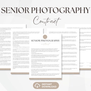 May include: A contract for senior photography services. The contract includes details about the photographer's services, pricing, and client responsibilities. The document is titled "Senior Photography Contract" and is designed for a professional photographer.