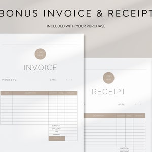 May include: Two minimalist invoice and receipt templates. The invoice and receipt are on white paper with a light brown header and footer. The text "BONUS INVOICE & RECEIPT" is at the top. The word "INVOICE" and "RECEIPT" are in a simple font.