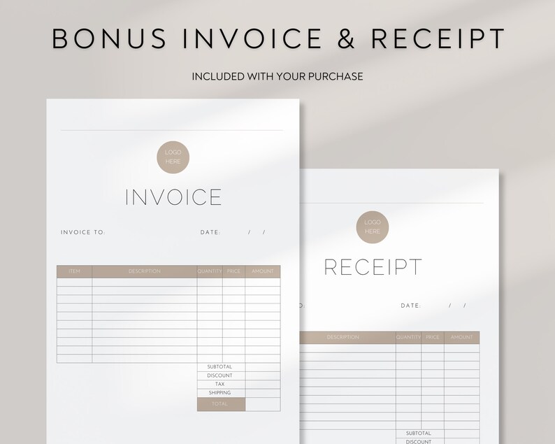 May include: Two minimalist invoice and receipt templates. The invoice and receipt are on white paper with a light brown header and footer. The text "BONUS INVOICE & RECEIPT" is at the top. The word "INVOICE" and "RECEIPT" are in a simple font.