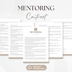 May include: A printable mentoring contract template with the title "Mentoring Contract" in a brown and white colour scheme. The contract includes sections for the terms of the mentorship, the mentor's responsibilities, the mentee's responsibilities, and confidentiality.