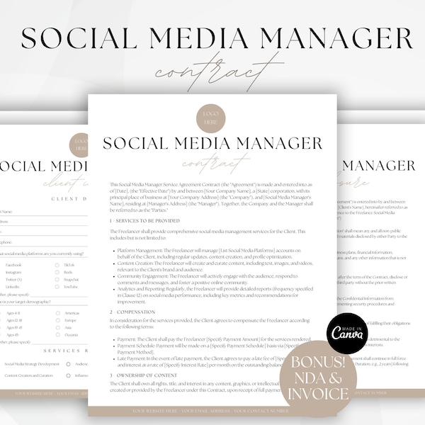 Freelance Social Media Manager Contract, Editable Social Media Management Agreement, Social Media Non-Disclosure, Client Intake Forms