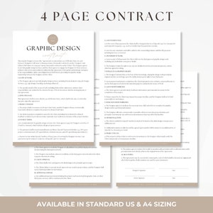 Puede incluir: Una plantilla de contrato de cuatro p&aacute;ginas para servicios de dise&ntilde;o gr&aacute;fico. El contrato incluye secciones para el alcance del trabajo, las responsabilidades del cliente y los t&eacute;rminos de pago. El documento est&aacute; disponible en tama&ntilde;o est&aacute;ndar de EE. UU. y A4.