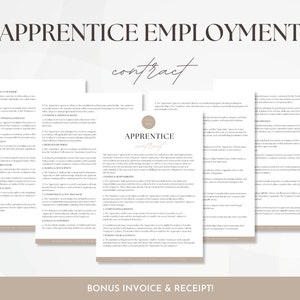 May include: A stack of white paper documents with the words "APPRENTICE EMPLOYMENT CONTRACT" in a stylish font. The documents have detailed text and are arranged on a light beige background. The words "BONUS INVOICE & RECEIPT!" are at the bottom.