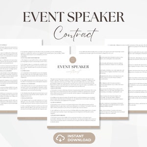 Può includere: Un modello di contratto per relatori di eventi stampabile con il titolo "Contratto per relatori di eventi" in uno schema di colori marrone e bianco. Il contratto include sezioni per le responsabilità del relatore, le responsabilità dell'organizzatore e le condizioni di pagamento.