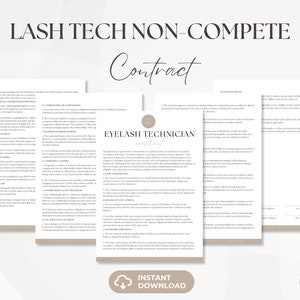 May include: A printable contract for an eyelash technician, with the title "Eyelash Technician Contract" in a brown rectangle. The contract includes sections on non-compete, confidentiality, and other legal terms.