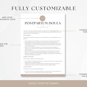 Peut inclure: Un mod&egrave;le de contrat de doula post-partum personnalisable dans un sch&eacute;ma de couleurs brun clair et blanc. Le texte comprend le titre "Contrat de Doula Post-partum" et d&eacute;crit les services fournis par la doula, notamment le soutien &eacute;motionnel, l'aide &agrave; l'allaitement, le m&eacute;nage l&eacute;ger et la planification.