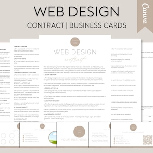 Op de afbeelding: Een webdesign-contracttemplate met een beige achtergrond. Het contract bevat secties voor beveiligingsmaatregelen, projecttijdlijn, betalingsschema, late kosten, verantwoordelijkheden van de klant en vertrouwelijkheid. Het document is getiteld "Webdesign-contract | Bedrijfskaarten".