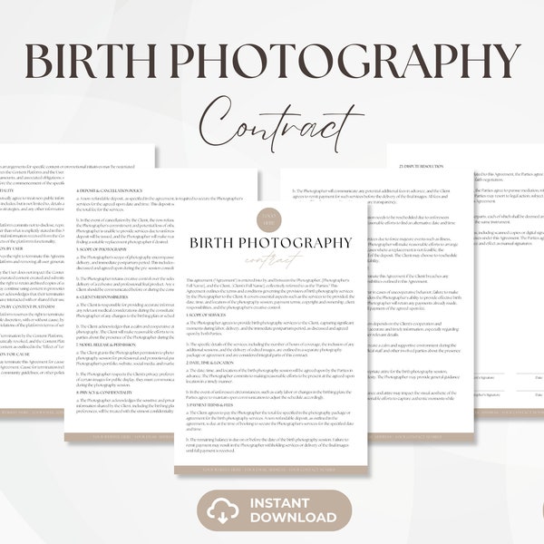 Birth Photography Contract, Event Photographer Services Agreement, Photography Invoice Template, Child Birth Photo Forms, Instant Download
