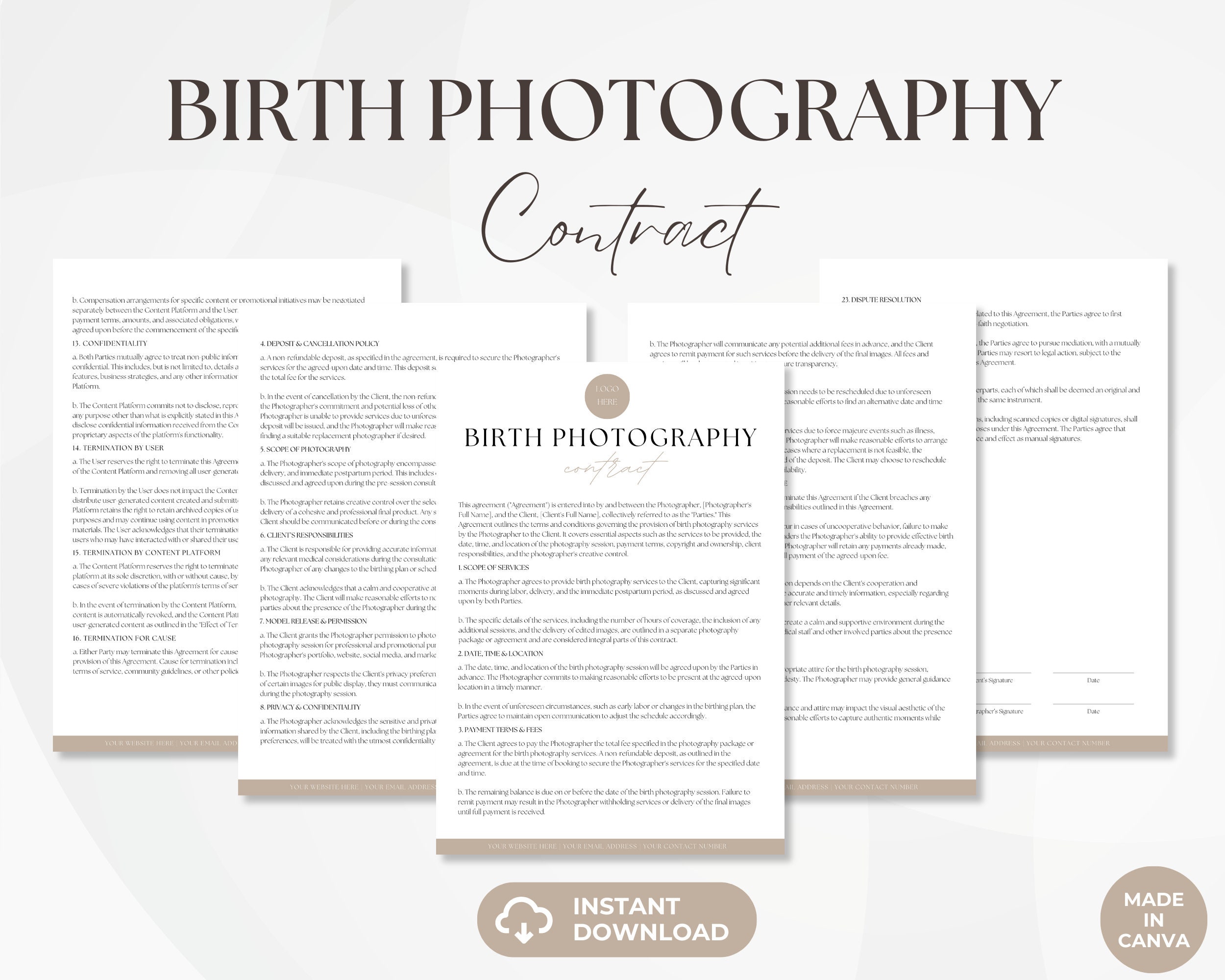 Birth Photography Contract, Event Photographer Services Agreement, Photography Invoice Template, Child Birth Photo Forms, Instant Download