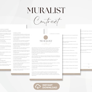 May include: A contract template for muralists, with the title "Muralist Contract" in a brown and white color scheme. The contract includes sections for client information, project details, payment terms, and more.