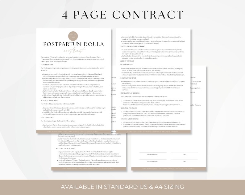 Peut inclure: Un mod&egrave;le de contrat de doula post-partum sur quatre pages, dans un sch&eacute;ma de couleurs beige et marron. Le contrat comprend des sections pour les informations du client, les services fournis, l'horaire et la disponibilit&eacute;, les frais et le paiement. Le document est disponible en format US standard et A4.