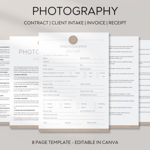 May include: A set of eight printable templates for photography contracts, client intake forms, invoices, and receipts. The templates are designed to be edited in Canva and feature a minimalist aesthetic with a light brown and white color scheme.