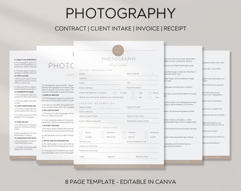 May include: A set of eight printable templates for photography contracts, client intake forms, invoices, and receipts. The templates are designed to be edited in Canva and feature a minimalist aesthetic with a light brown and white colour scheme.