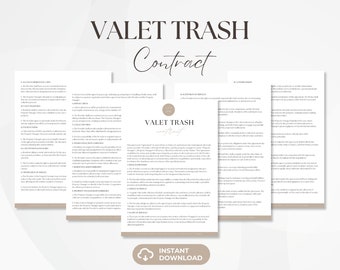 May include: A printable contract for valet trash services. The contract includes sections for the provider, property manager, and customer. The document is titled "Valet Trash Contract" and has a brown and white color scheme.