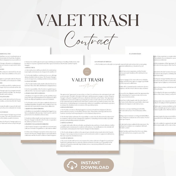 Valet Trash Contract, Editable Waste Removal Services Agreement, Rubbish Bin Collection Services Contract, Property Management Forms