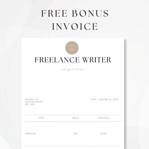 May include: A minimalist invoice template for freelance writers. The invoice is titled "Freelance Writer" and includes the text "Invoice to Your Business No. 1214" and "Date January 12, 2030". The invoice has a section for item, price, and subtotal. The item listed is "Services" with a price of $550 and a subtotal of $500.