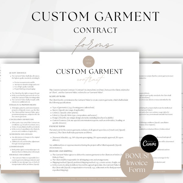 Custom Garment Contract, Tailor Made Clothing Agreement, Bespoke Clothes Forms, Sewing Services Agreement, Custom Apparel Contract