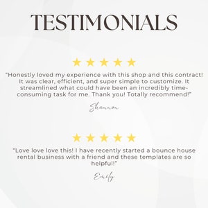 Puede incluir: Dos testimonios de clientes con cinco estrellas. El primer testimonio dice: "&iexcl;Honestamente me encant&oacute; mi experiencia con esta tienda y este contrato! Fue claro, eficiente y s&uacute;per sencillo de personalizar. Agiliz&oacute; lo que podr&iacute;a haber sido una tarea incre&iacute;blemente larga para m&iacute;. &iexcl;Gracias! &iexcl;Lo recomiendo totalmente!" - Shannon. El segundo testimonio dice: "&iexcl;Me encanta me encanta me encanta! Recientemente comenc&eacute; un negocio de alquiler de castillos inflables con un amigo y estas plantillas son tan &uacute;tiles!" - Emily.