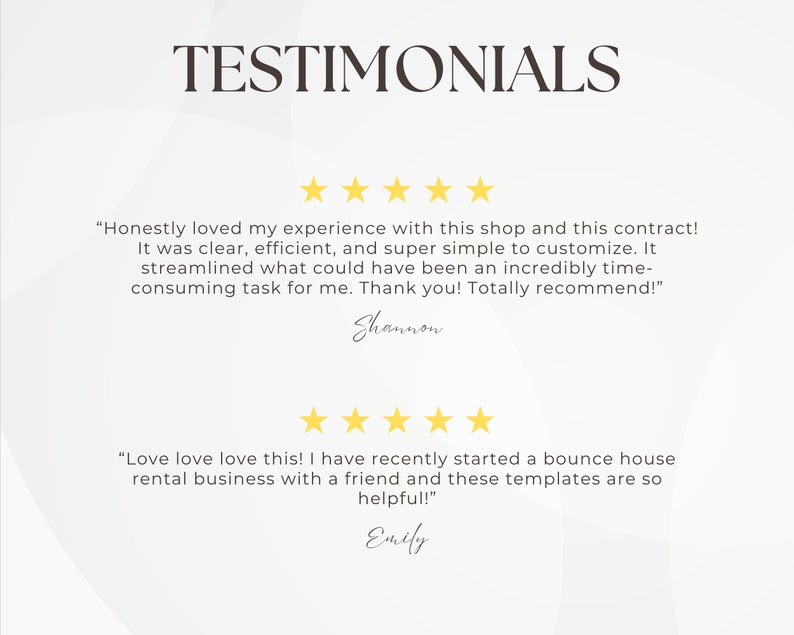 Puede incluir: Dos testimonios de clientes con cinco estrellas. El primer testimonio dice: "&iexcl;Honestamente me encant&oacute; mi experiencia con esta tienda y este contrato! Fue claro, eficiente y s&uacute;per sencillo de personalizar. Agiliz&oacute; lo que podr&iacute;a haber sido una tarea incre&iacute;blemente larga para m&iacute;. &iexcl;Gracias! &iexcl;Lo recomiendo totalmente!" - Shannon. El segundo testimonio dice: "&iexcl;Me encanta me encanta me encanta! Recientemente comenc&eacute; un negocio de alquiler de castillos inflables con un amigo y estas plantillas son tan &uacute;tiles!" - Emily.