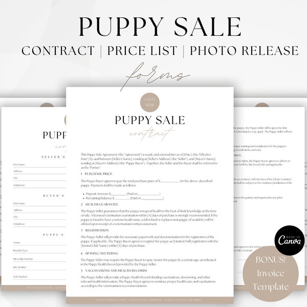 Puppy Sale Contract, Puppy Adoption Agreement Template, Contract of Sale Services, Canva Editable Template