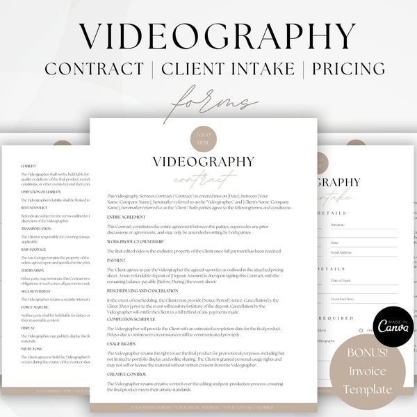 Videography Contract Template, Photography Forms, Contract for Videographers, Contract Template, Canva Template