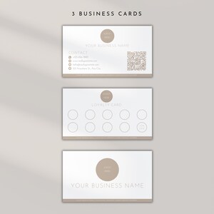 May include: Three business cards with a minimalist design. The top card has a logo, business name, contact information, and a QR code. The middle card is a loyalty card with ten circles for stamps. The bottom card has a logo and the business name.