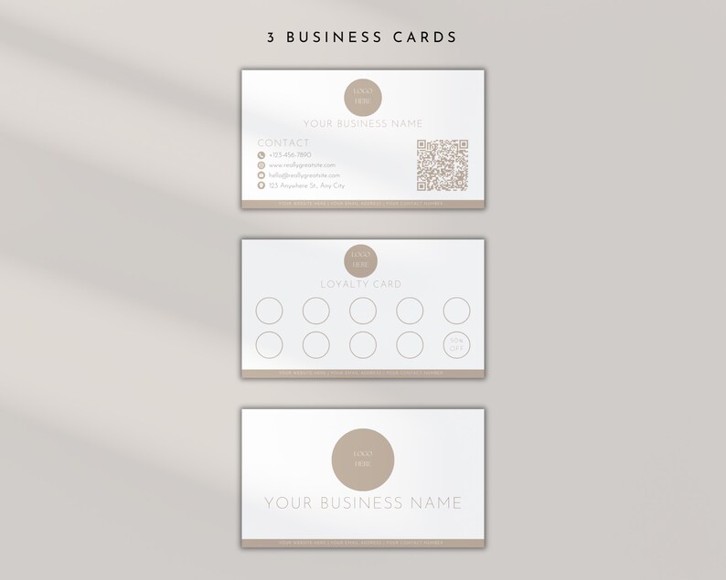 May include: Three business cards with a minimalist design. The top card has a logo, business name, contact information, and a QR code. The middle card is a loyalty card with ten circles for stamps. The bottom card has a logo and the business name.