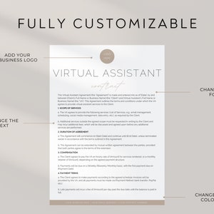May include: A customisable virtual assistant contract template with the text "FULLY CUSTOMIZABLE." The document includes sections for business logo, text, font, and colour changes. The contract outlines services, duration, compensation, and payment terms.