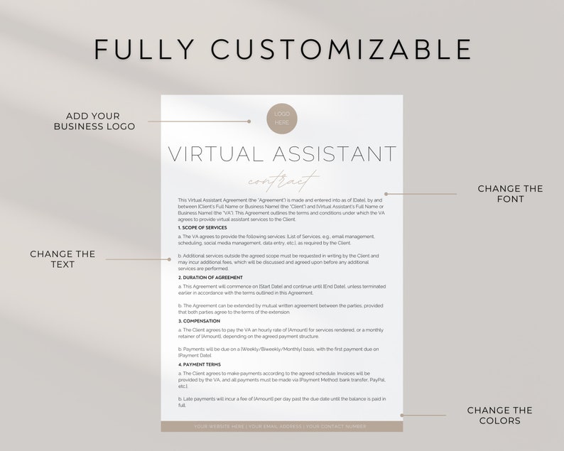 May include: A customisable virtual assistant contract template with the text "FULLY CUSTOMIZABLE." The document includes sections for business logo, text, font, and colour changes. The contract outlines services, duration, compensation, and payment terms.
