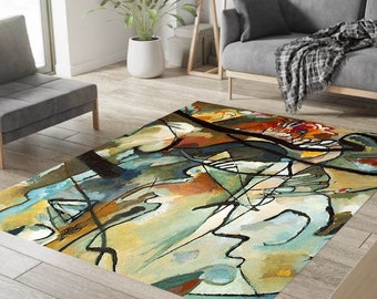 Könnte beinhalten: Rechteckiger Teppich mit abstraktem Design. Er zeigt eine Mischung aus Blau, Grün, Gelb und Orange mit schwarzen Linien. Der Teppich liegt auf einem Holzboden in einem Wohnzimmer.