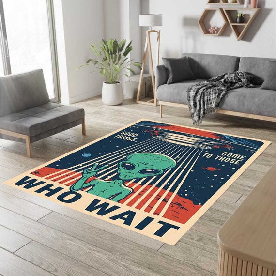 UFO Rug,alien Who Wait Rug, Alien Rug, Sci-fi Fantasy Rug, Green 