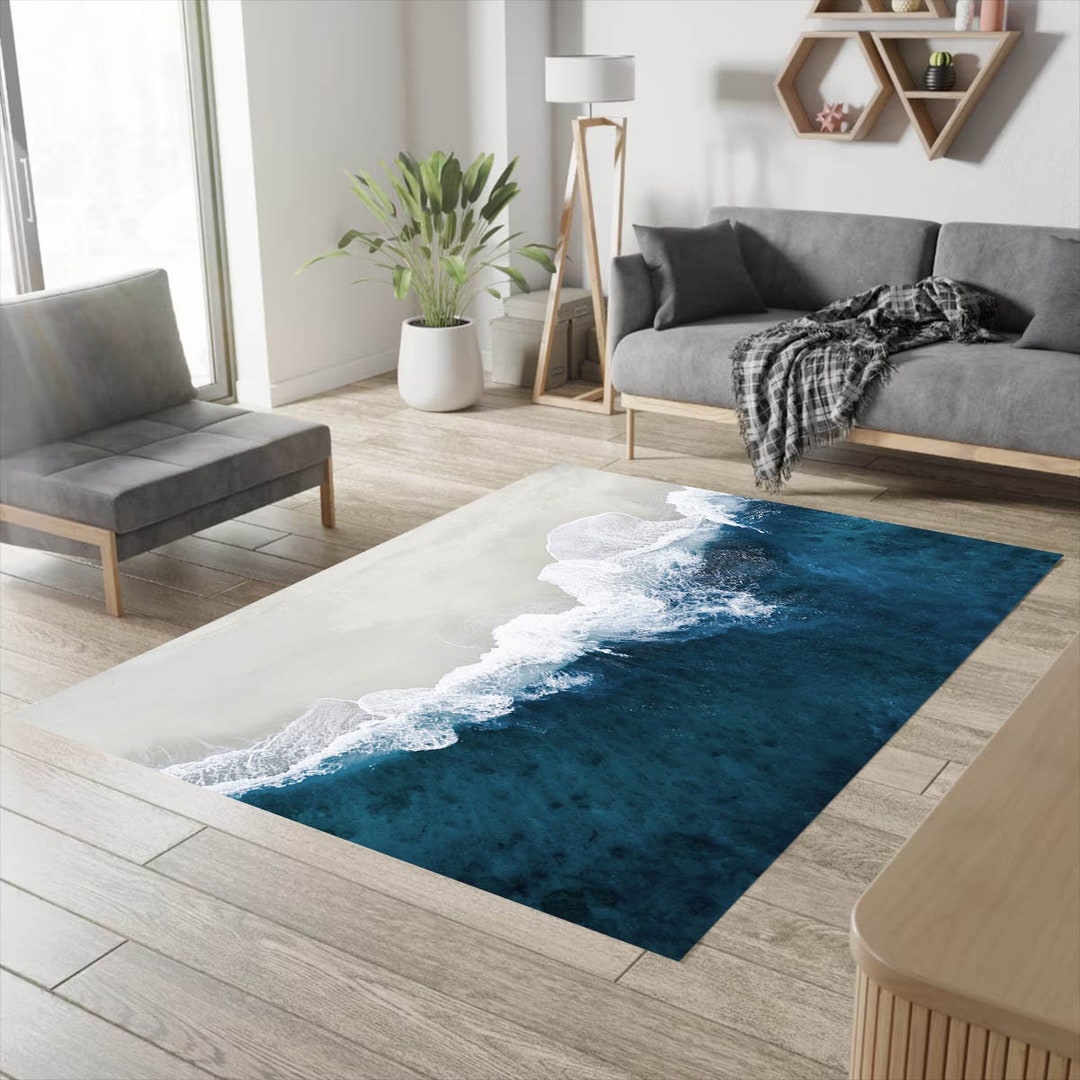 Beach Print Rug, Aerial Ocean Rug, Modern Coastal Rug, Indigo Blue Rug ...