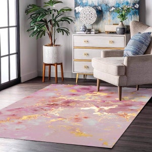 Rug, Floor Rug, Pink And Gold Pattern Marble Rug, Marble Carpet, Rugs for Bedroom, Rug for Living Room, Non-Slip , Rug, Modern Carpet