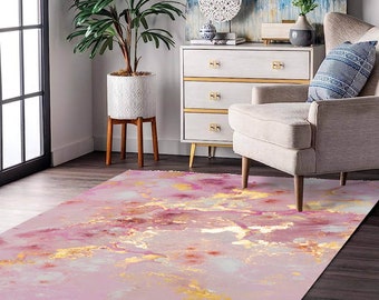 Rug, Floor Rug, Pink And Gold Pattern Marble Rug, Marble Carpet, Rugs for Bedroom, Rug for Living Room, Non-Slip , Rug, Modern Carpet