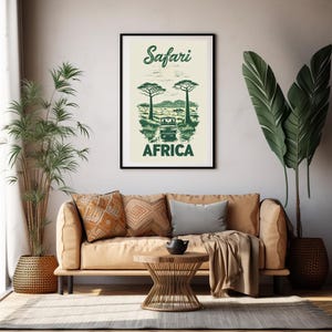 Arte de parede vintage Safari África | Paisagem de vida selvagem para impressão | Download de pôster digital retrô - A4, A3, A2, 300 DPI