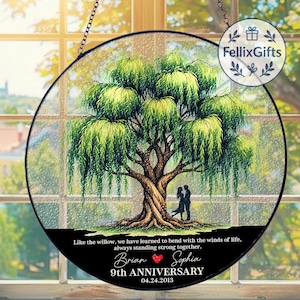 9th Anniversary Willow Stained Glass Suncatcher, Willow Tree 9 Year Anniversary Gift, 9th Anniversary Gift, Wedding Anniversary Gift For Her