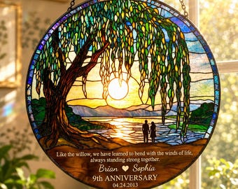 9. Jahrestag Willow Baum Suncatcher, personalisiertes Glasmalerei Geschenk für Paare, benutzerdefinierte Namen Datum Jahrestagsgeschenk für sie