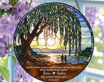 Atrapasueños de sauce para el 9.º aniversario, regalo personalizado de vidrieras para parejas, regalo de aniversario con nombres y fecha personalizados para ella.