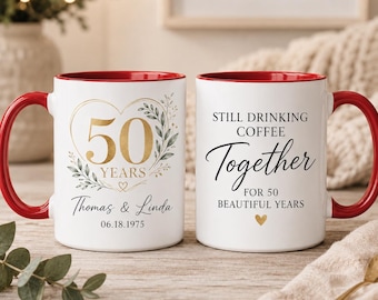 Taza personalizada para el 50 aniversario, regalo personalizado de aniversario de bodas para padres, taza de café para el aniversario de oro.