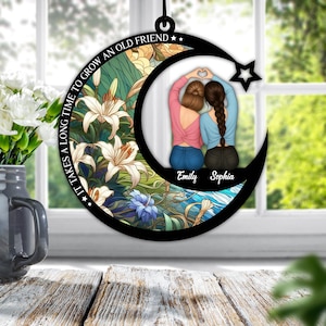 It Takes a Long Time to Grow an Old Friend Suncatcher, Soul Sister Gift, Custom Birth Flower Art, Friendship Gift, Sister Keepsake