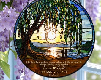 9th Anniversary Willow Tree Suncatcher, Personalized Stained Glass Gift for Couples, Custom Names Date Anniversary Gift for Her