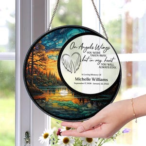 On Angels Wings Personalized Mom Stained Glass, Memorial Suncatcher, Sympathy Gift, Loss Of Mom Gift, Sympathy Gift Family