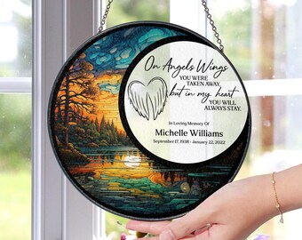 On Angels Wings Personalized Mom Stained Glass, Memorial Suncatcher, Sympathy Gift, Loss Of Mom Gift, Sympathy Gift Family