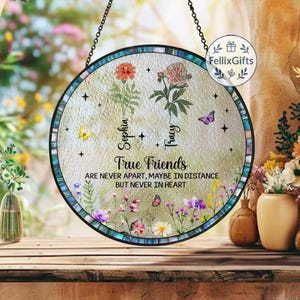 Best Friends Stained Glass Suncatcher, Personalized Best Friend Birth Month Flower, Friendship Gift, Soul Sisters Gift,Besties Birthday Gift