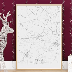 WELLS kaart afdrukken, hoge resolutie kaart van Wells, Zuidwest-Engeland, minimalistische Britse stadsplattegronden, afdrukbare muurkunst, instant digitale download