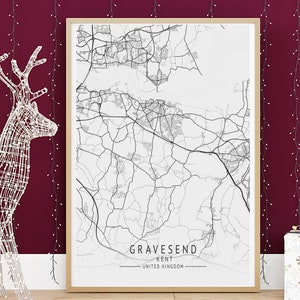 GRAVESEND Impresión de mapas, Mapa de alta resolución de Gravesend, Kent, Mapas minimalistas de la ciudad del Reino Unido, Arte de pared imprimible, Descarga digital instantánea