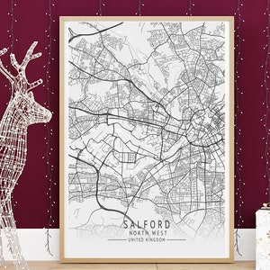 SALFORD Mapa Impresión, Mapa de alta resolución de Salford, Noroeste, Mapas minimalistas de la ciudad del Reino Unido, Arte de pared imprimible, Descarga digital instantánea