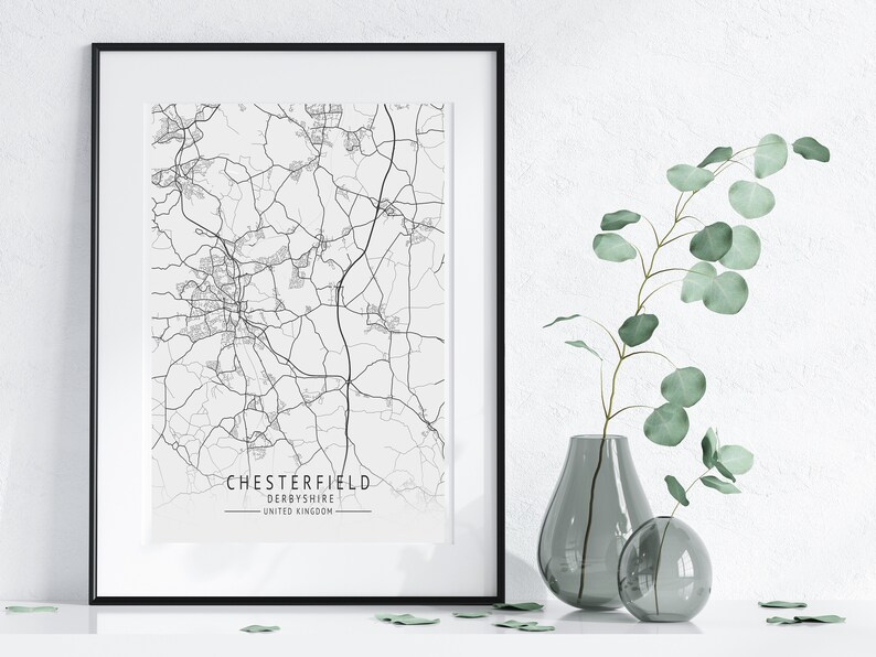CHESTERFIELD Map Print, High Res Map of Chesterfield, Derbyshire, Minimalist UK City Maps