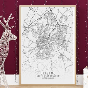 BRISTOL kaart afdrukken, hoge resolutie kaart van Bristol, Zuidwest-Engeland, minimalistische Britse stadsplattegronden, afdrukbare muurkunst, instant digitale download